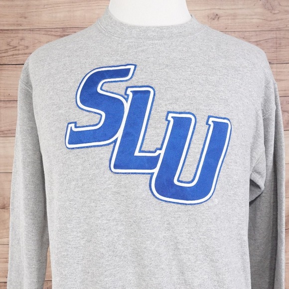 SLU ST LOUIS UNIVERSITY LOGO BILLIKENS SEWN ON GREY CREW NECK SWEATSHIRT M - Picture 1 of 5